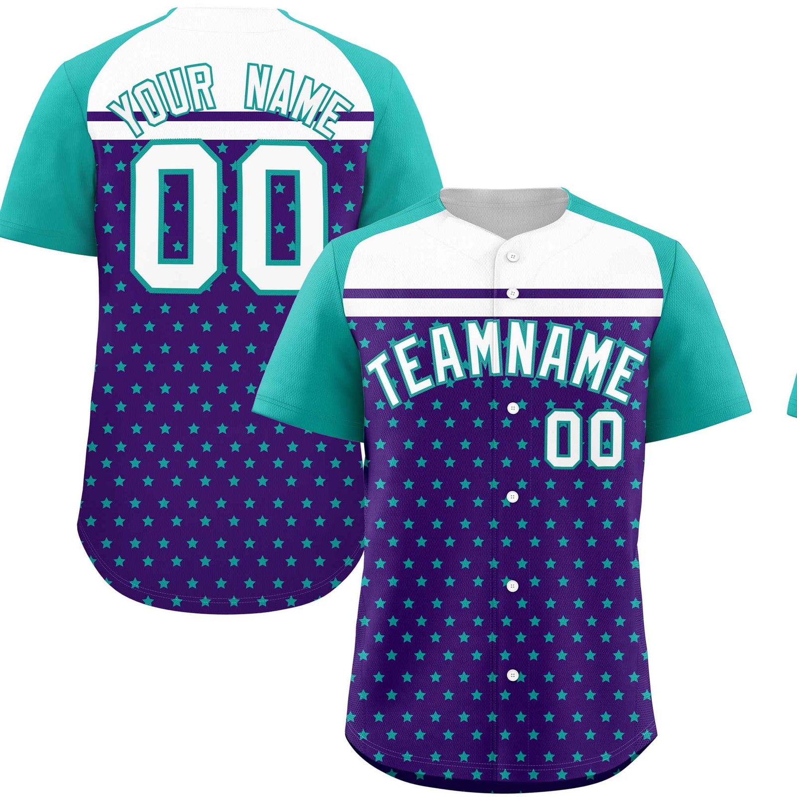 Custom Purple Aqua-White Raglan Sleeve Personalized Star Print Authentic Baseball Jersey