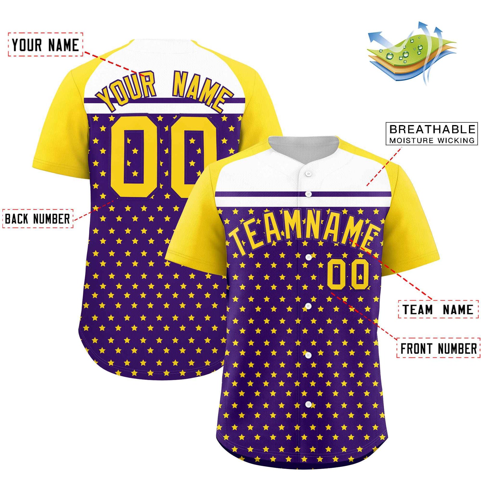 Custom Purple Gold-White Raglan Sleeve Personalized Star Print Authentic Baseball Jersey