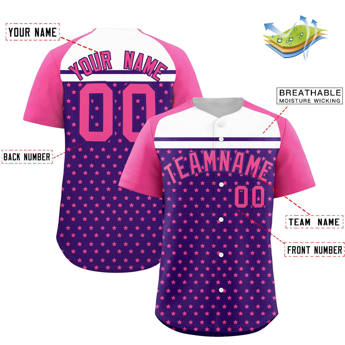 Custom Purple Pink-White Raglan Sleeve Personalized Star Print Authentic Baseball Jersey