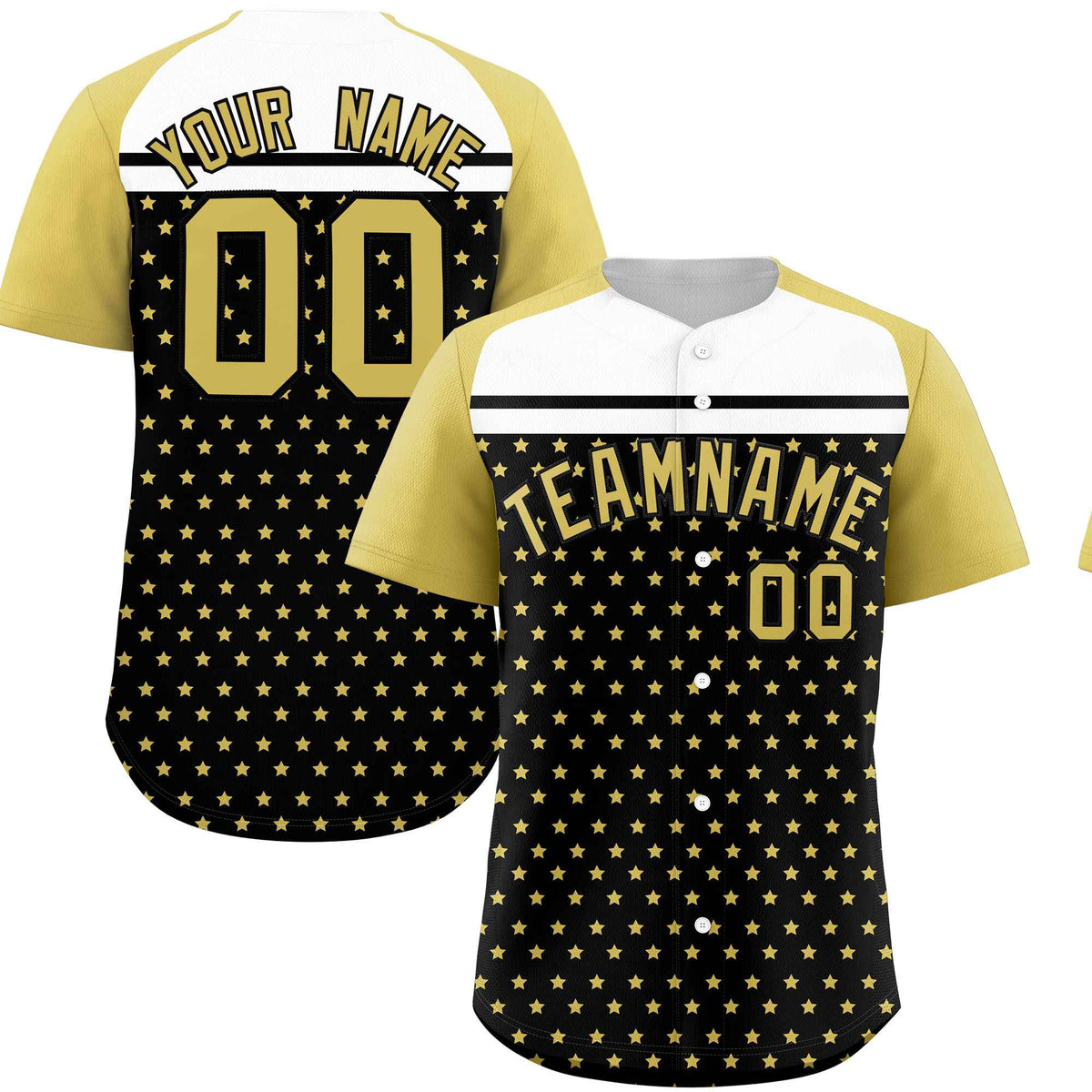 Custom Black Old Gold-White Raglan Sleeve Personalized Star Print Authentic Baseball Jersey