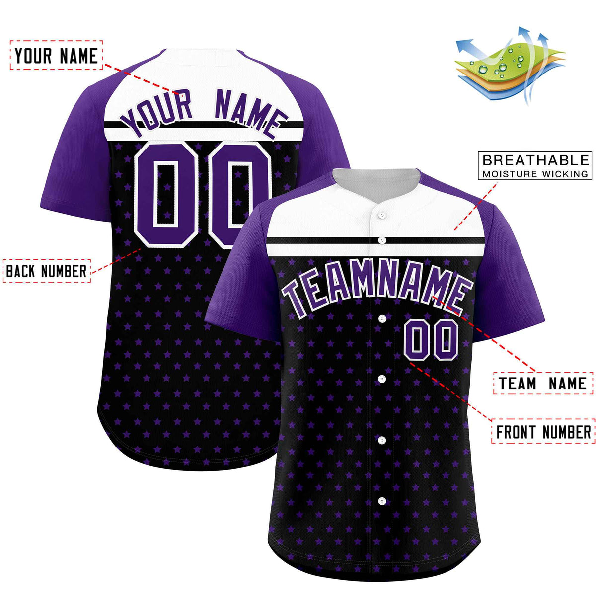 Custom Black Purple-White Raglan Sleeve Personalized Star Print Authentic Baseball Jersey