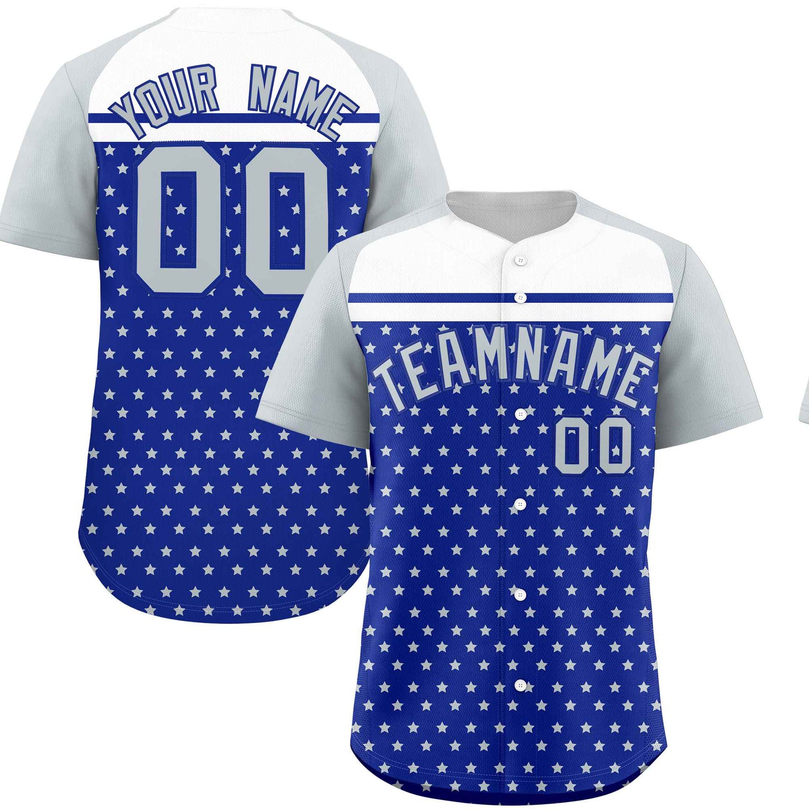 Custom Royal Silver-White Raglan Sleeve Personalized Star Print Authentic Baseball Jersey