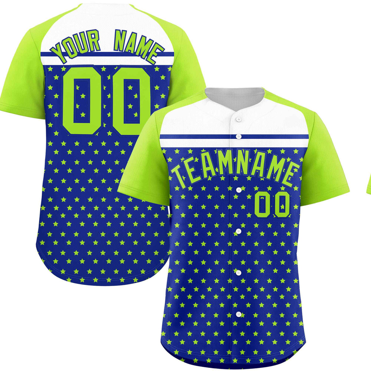 Custom Royal Neon Green-White Raglan Sleeve Personalized Star Print Authentic Baseball Jersey
