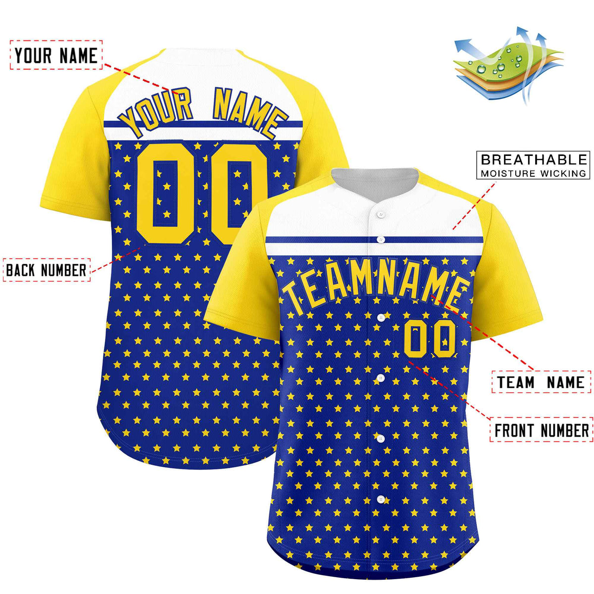 Custom Royal Gold-White Raglan Sleeve Personalized Star Print Authentic Baseball Jersey