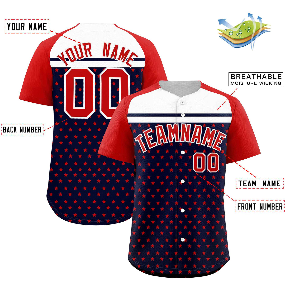 Custom Navy Red-White Raglan Sleeve Personalized Star Print Authentic Baseball Jersey