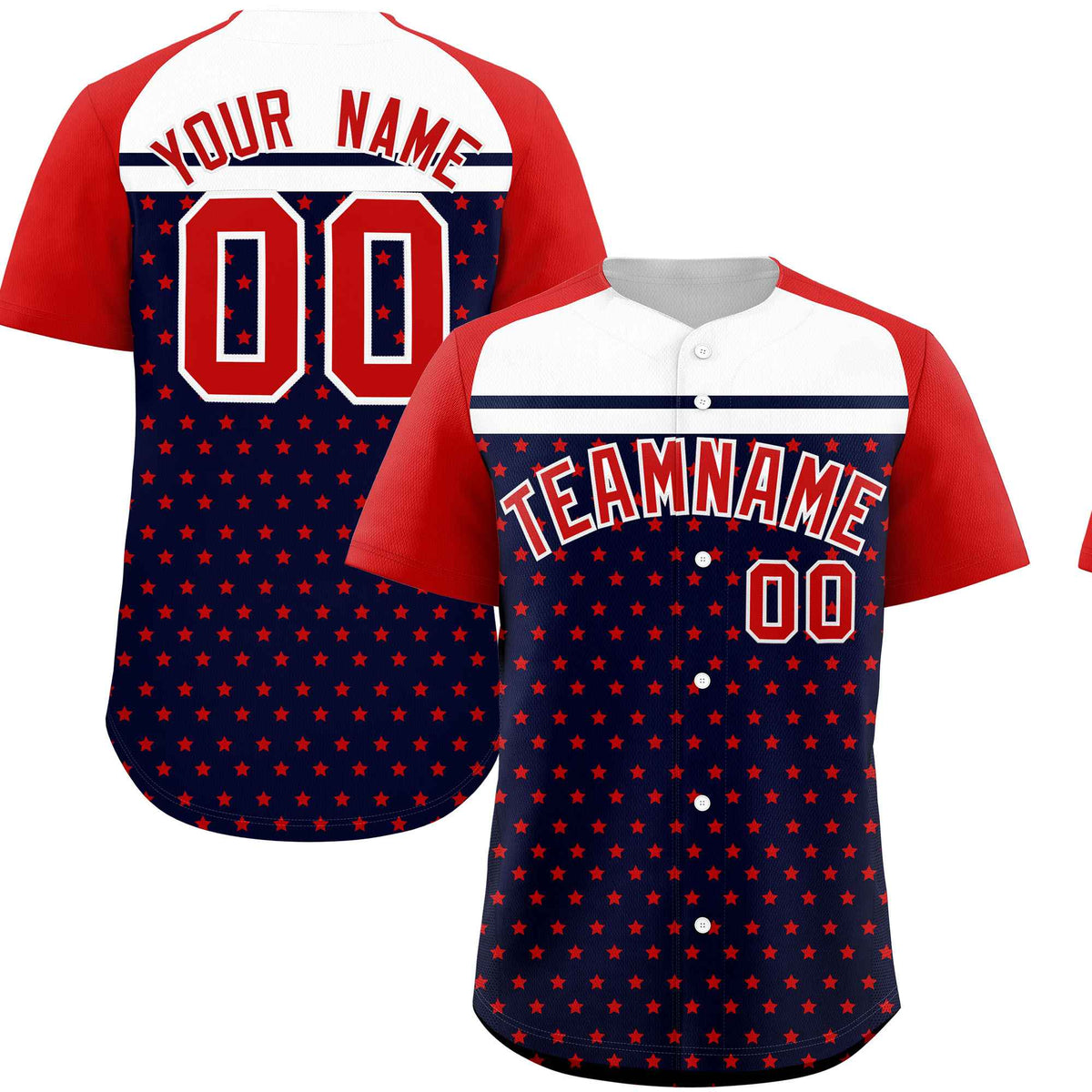 Custom Navy Red-White Raglan Sleeve Personalized Star Print Authentic Baseball Jersey