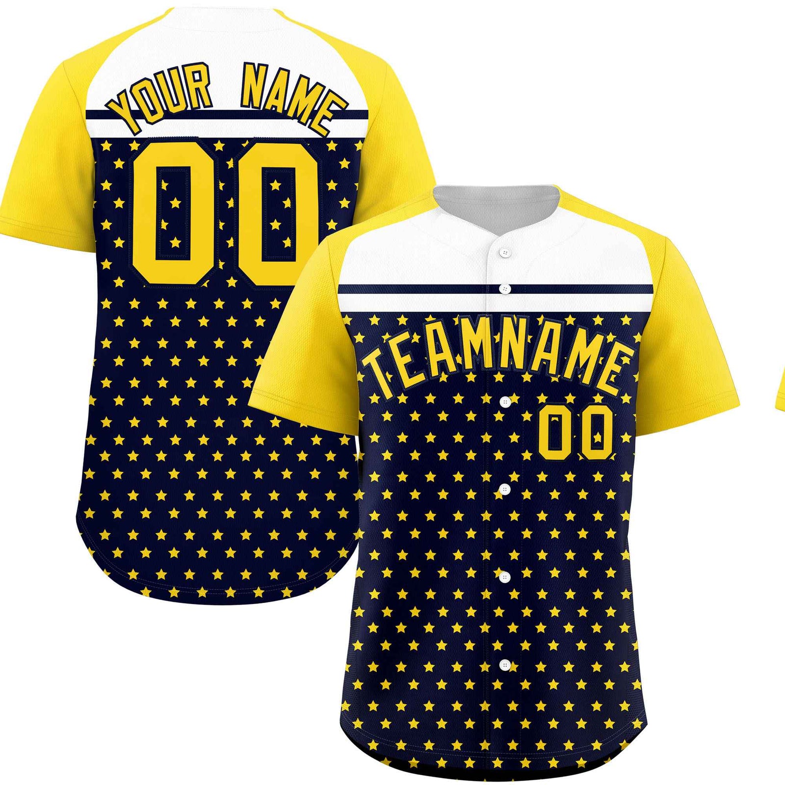 Custom Navy Gold-White Raglan Sleeve Personalized Star Print Authentic Baseball Jersey