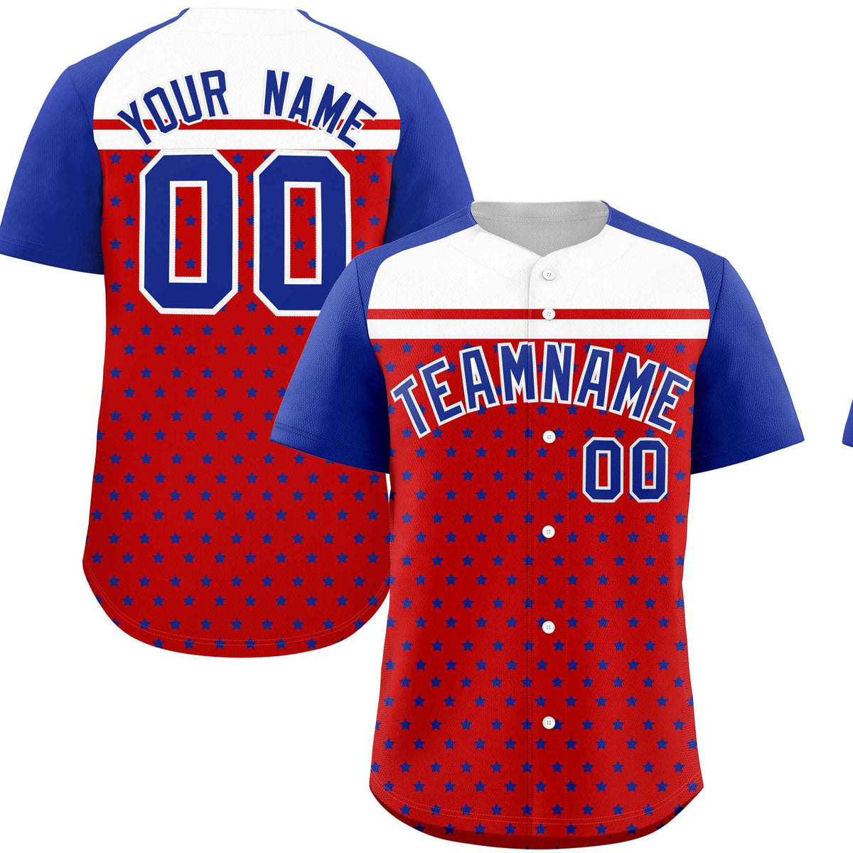 Custom Red Royal-White Raglan Sleeve Personalized Star Print Authentic Baseball Jersey