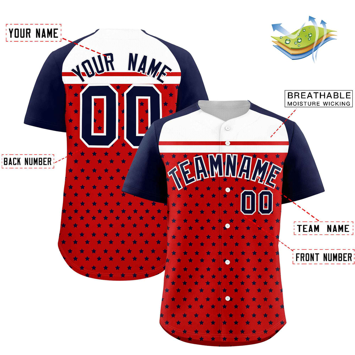 Custom Red Navy-White Raglan Sleeve Personalized Star Print Authentic Baseball Jersey