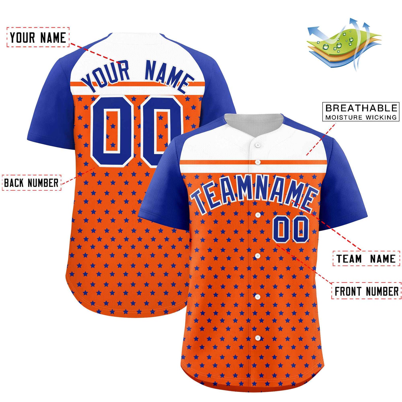 Custom Orange Royal-White Raglan Sleeve Personalized Star Print Authentic Baseball Jersey
