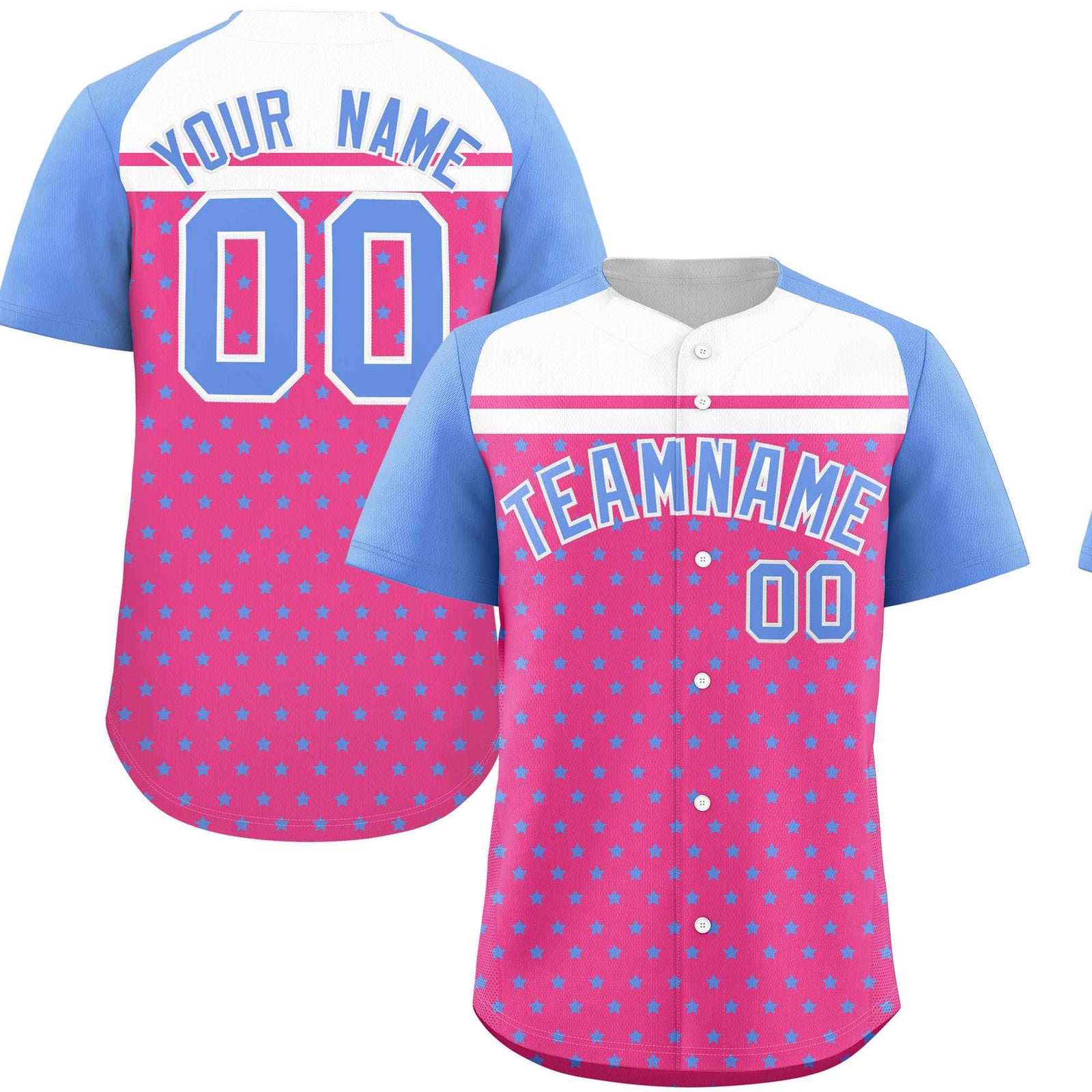 Custom Pink Light Blue-White Raglan Sleeve Personalized Star Print Authentic Baseball Jersey