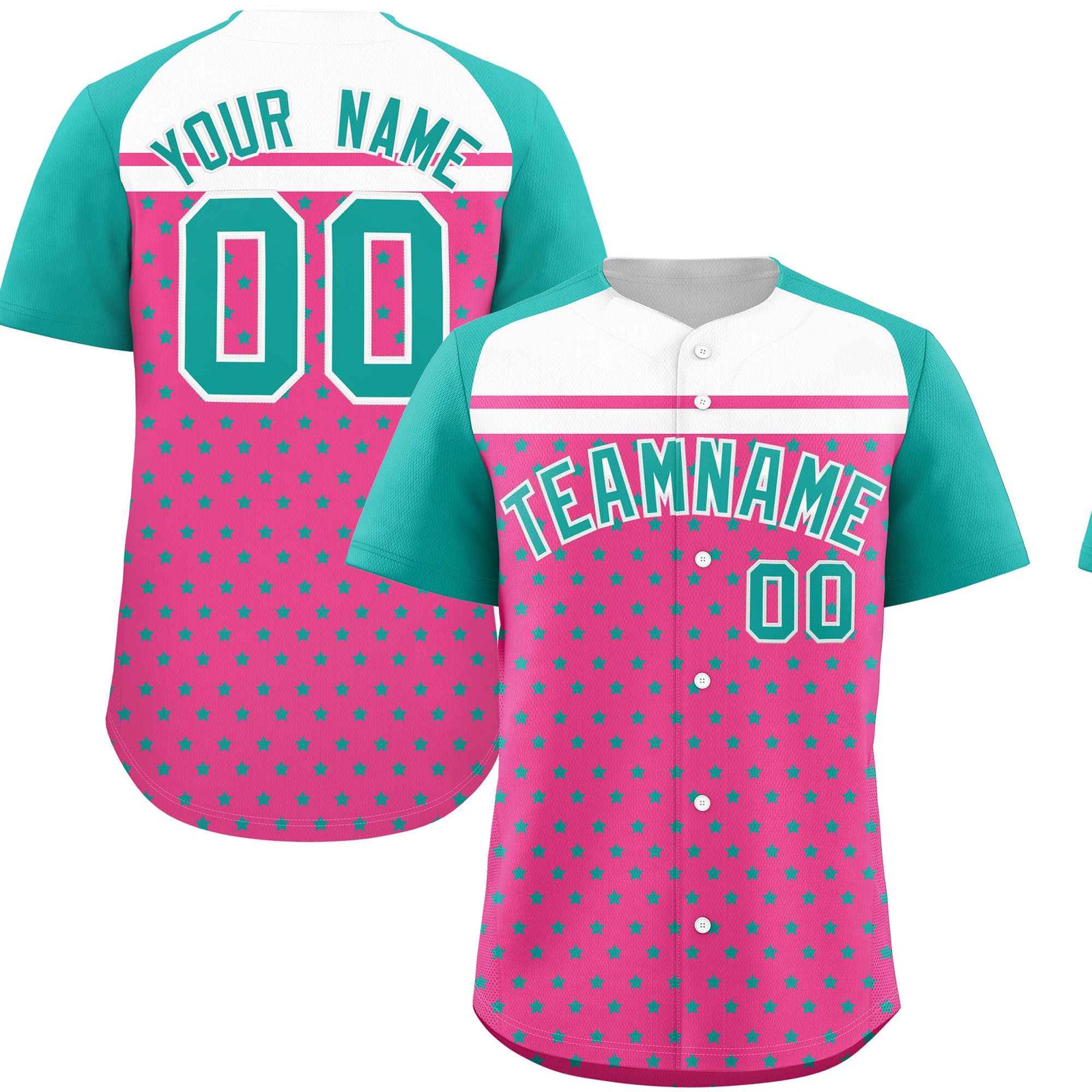 Custom Pink Aqua-White Raglan Sleeve Personalized Star Print Authentic Baseball Jersey