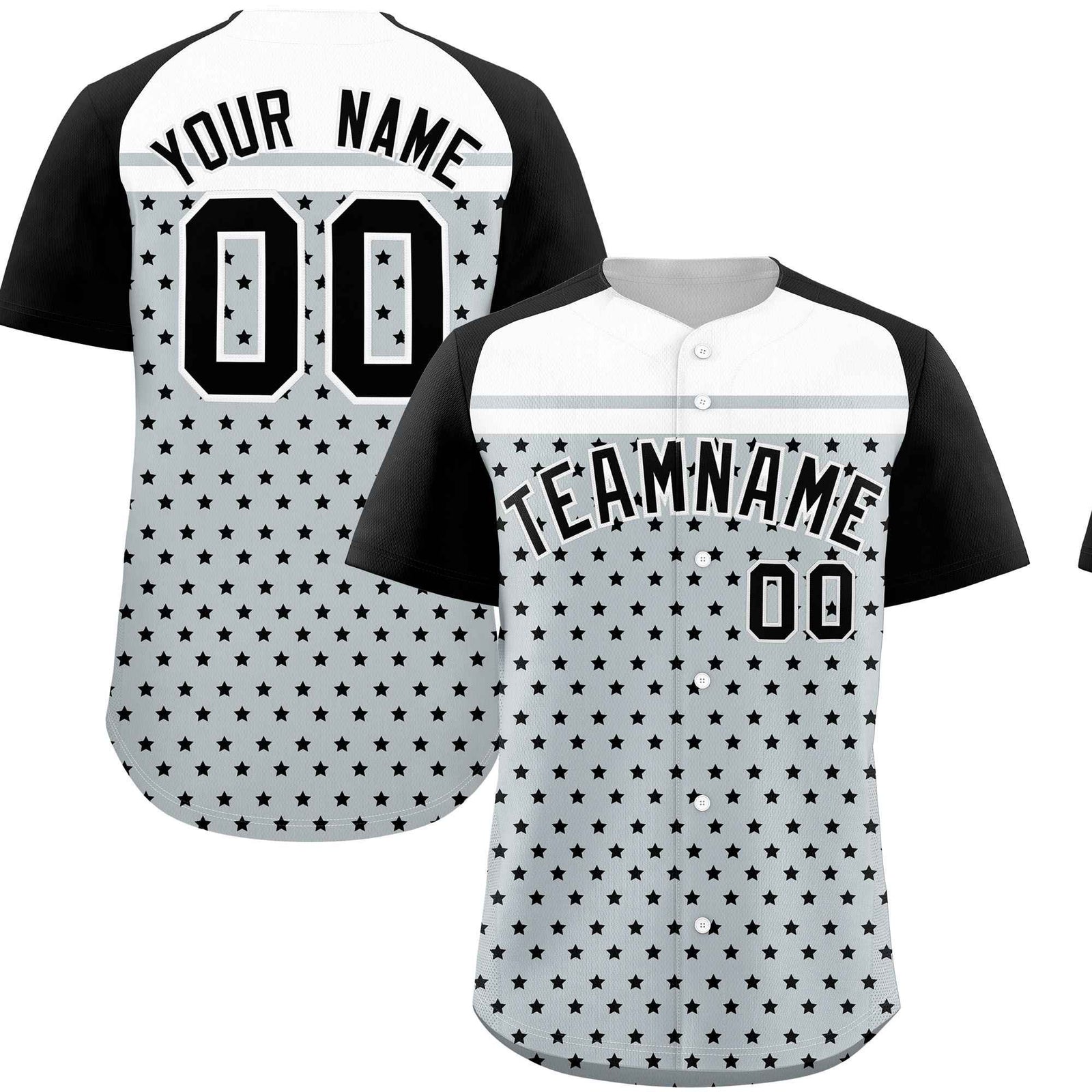 Custom Silver Black-White Raglan Sleeve Personalized Star Print Authentic Baseball Jersey