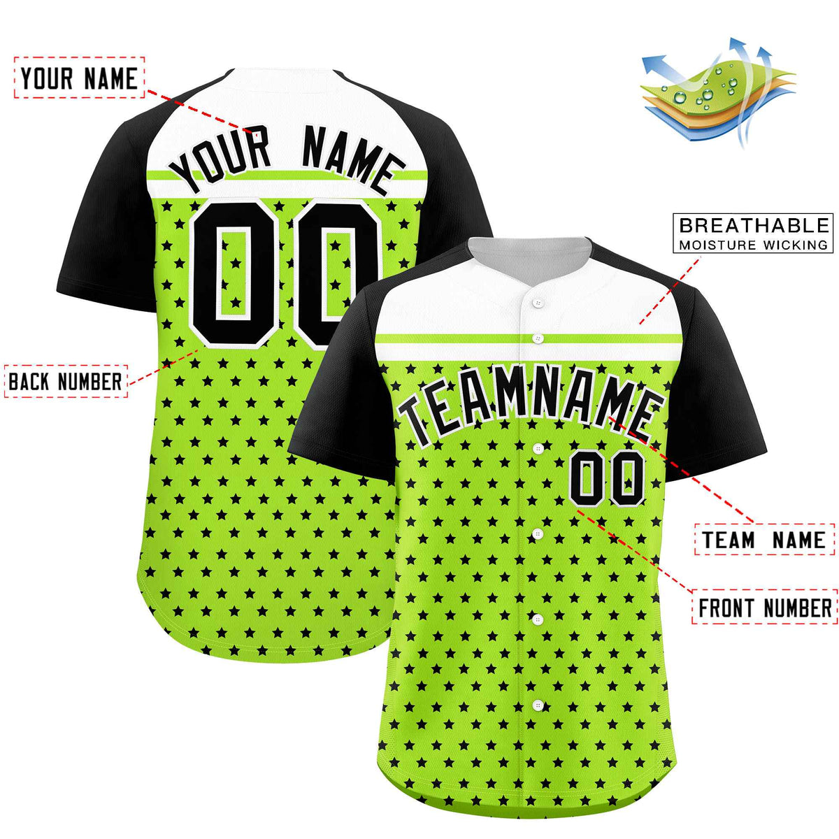 Custom Neon Green Black-White Raglan Sleeve Personalized Star Print Authentic Baseball Jersey