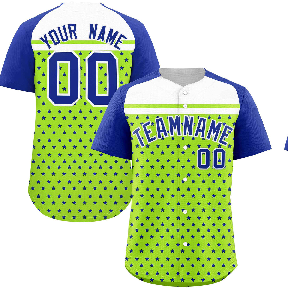 Custom Neon Green Royal-White Raglan Sleeve Personalized Star Print Authentic Baseball Jersey