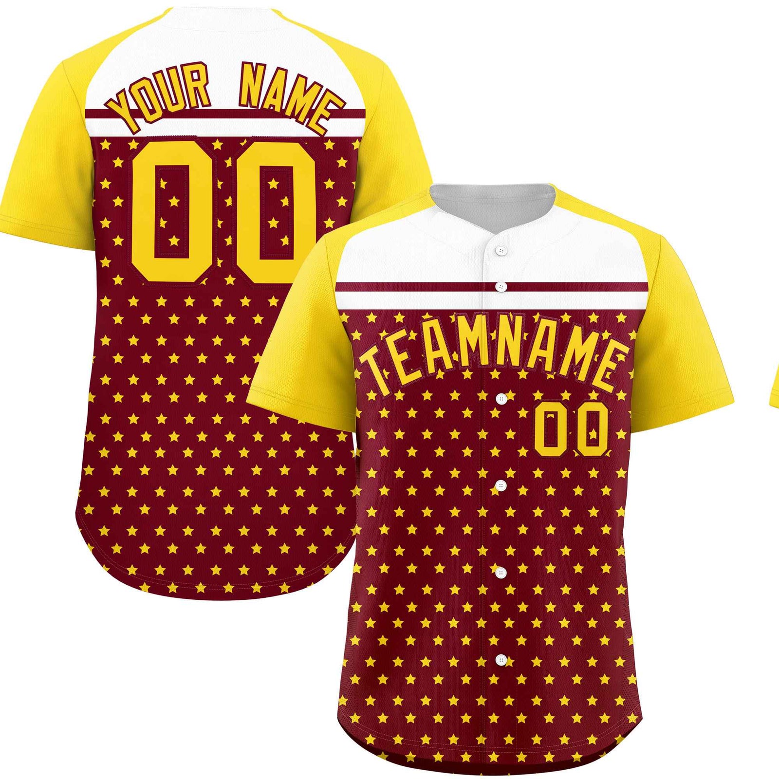 Custom Crimson Gold-White Raglan Sleeve Personalized Star Print Authentic Baseball Jersey