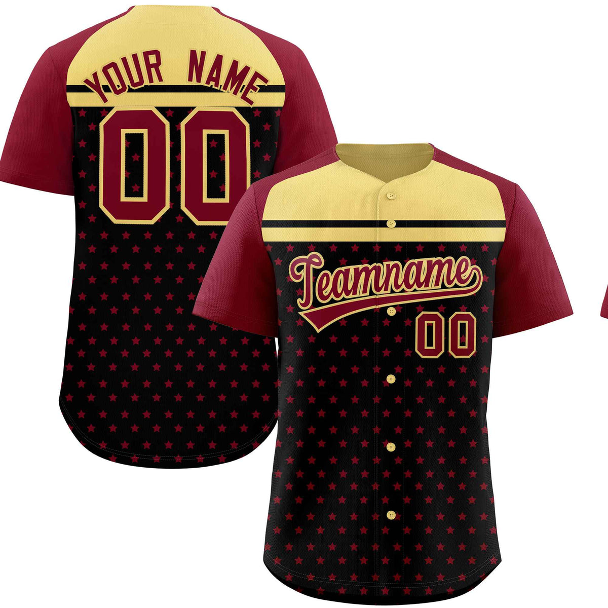 Custom Black Crimson-Khaki Raglan Sleeve Personalized Star Print Authentic Baseball Jersey