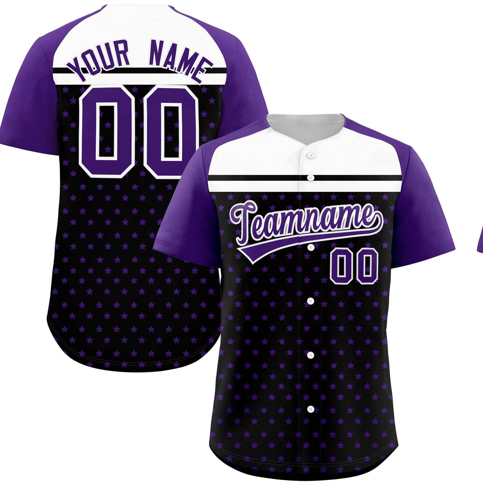 Custom Black Purple-White Raglan Sleeve Personalized Star Print Authentic Baseball Jersey