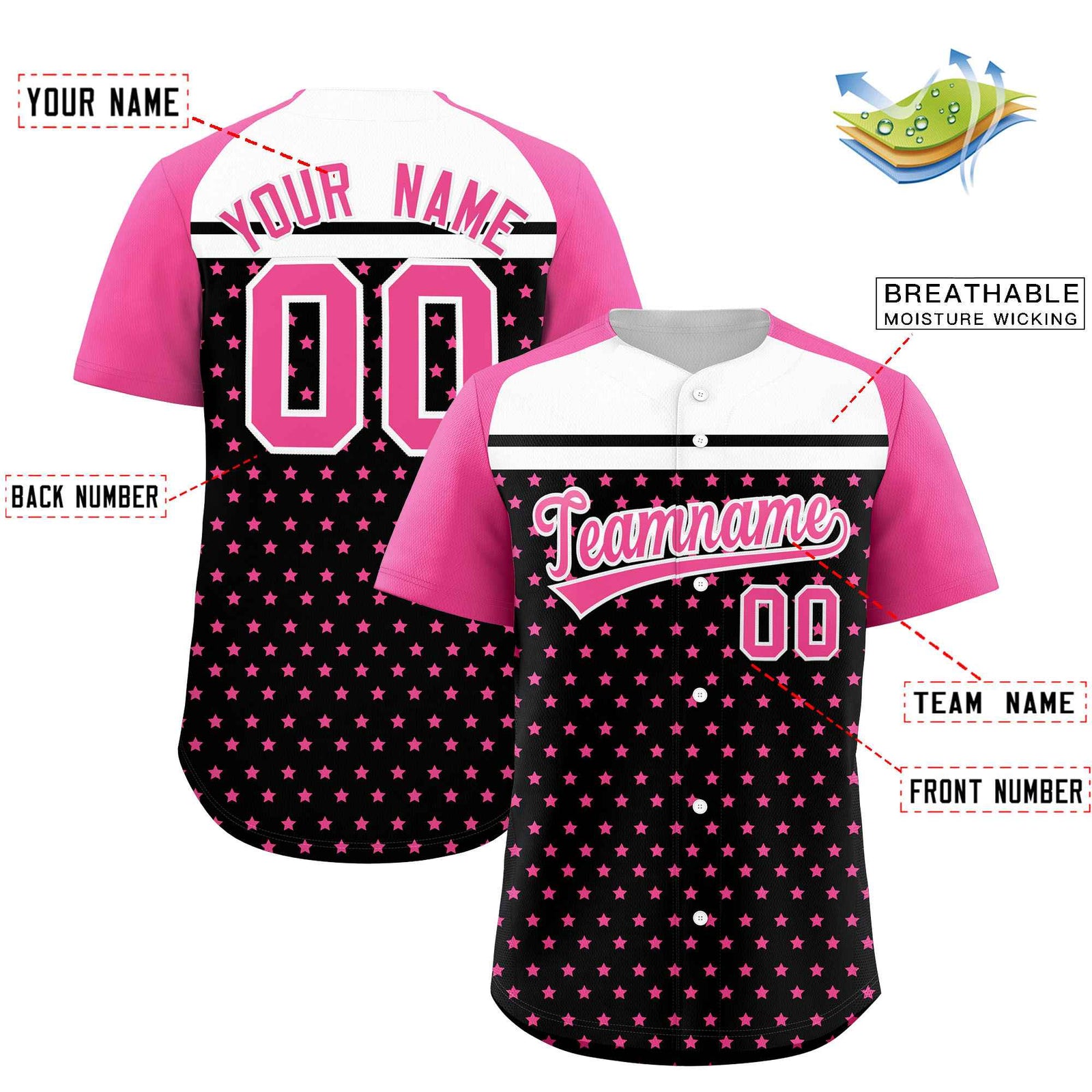 Custom Black Pink-White Raglan Sleeve Personalized Star Print Authentic Baseball Jersey
