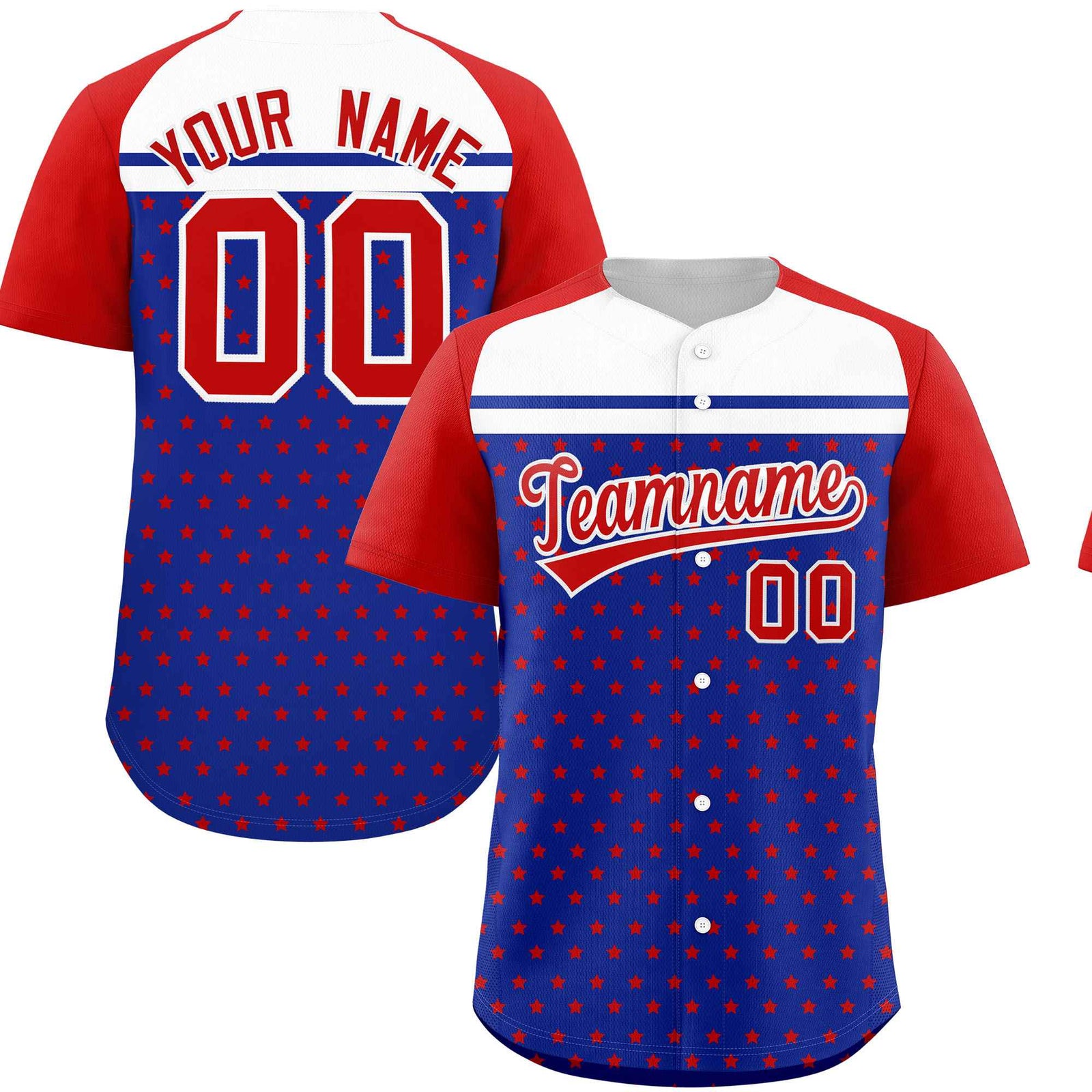 Custom Royal Red-White Raglan Sleeve Personalized Star Print Authentic Baseball Jersey