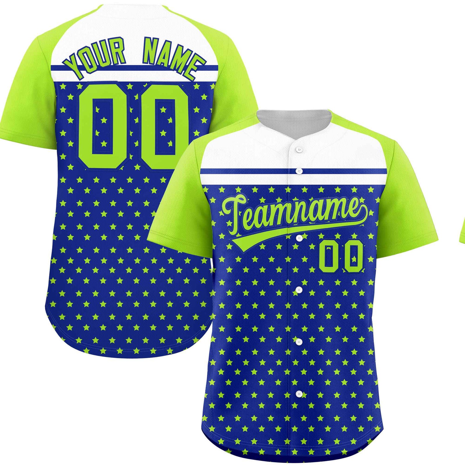 Custom Royal Neon Green-White Raglan Sleeve Personalized Star Print Authentic Baseball Jersey