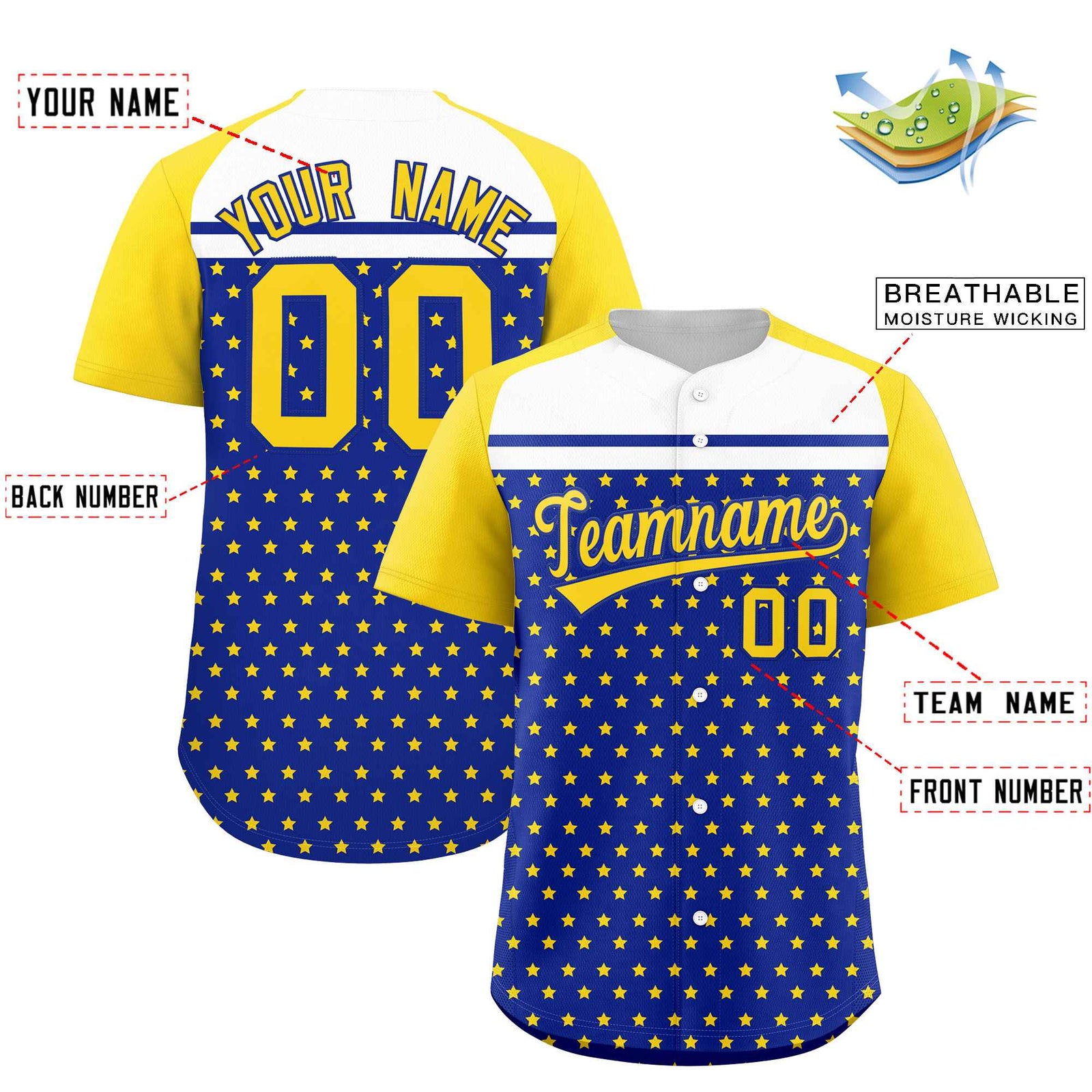 Custom Royal Gold-White Raglan Sleeve Personalized Star Print Authentic Baseball Jersey