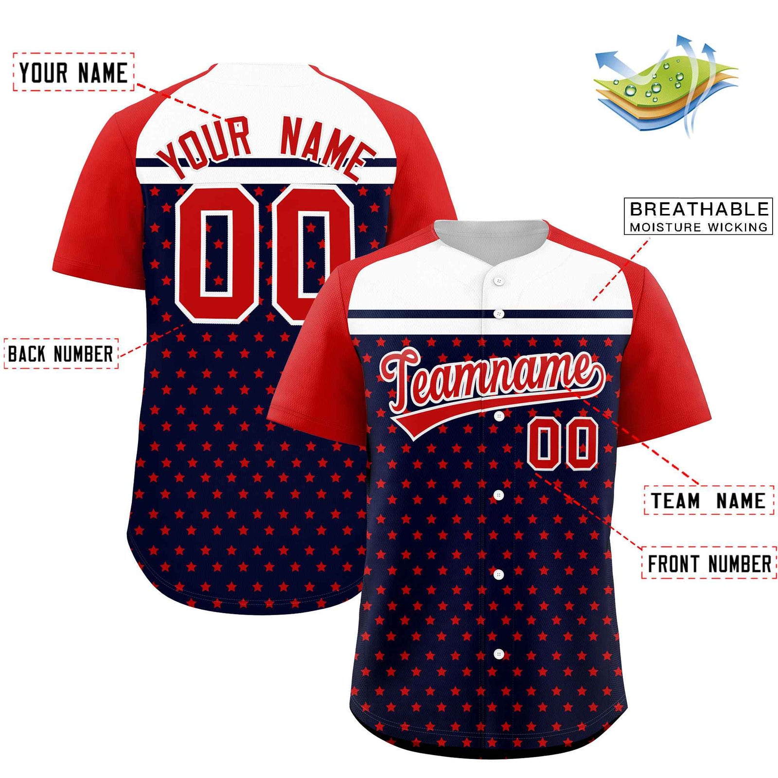 Custom Navy Red-White Raglan Sleeve Personalized Star Print Authentic Baseball Jersey