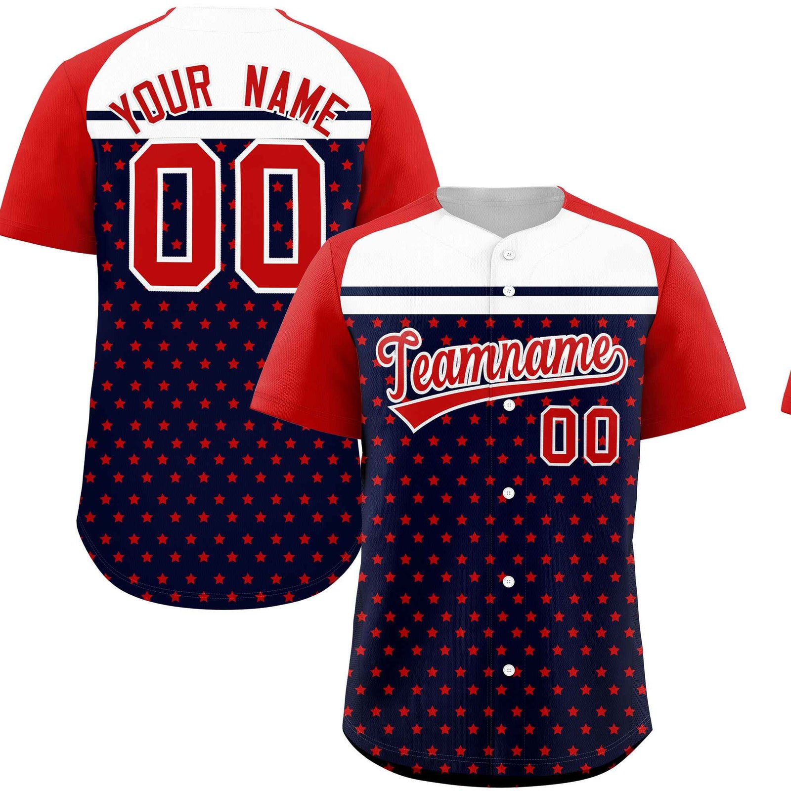 Custom Navy Red-White Raglan Sleeve Personalized Star Print Authentic Baseball Jersey
