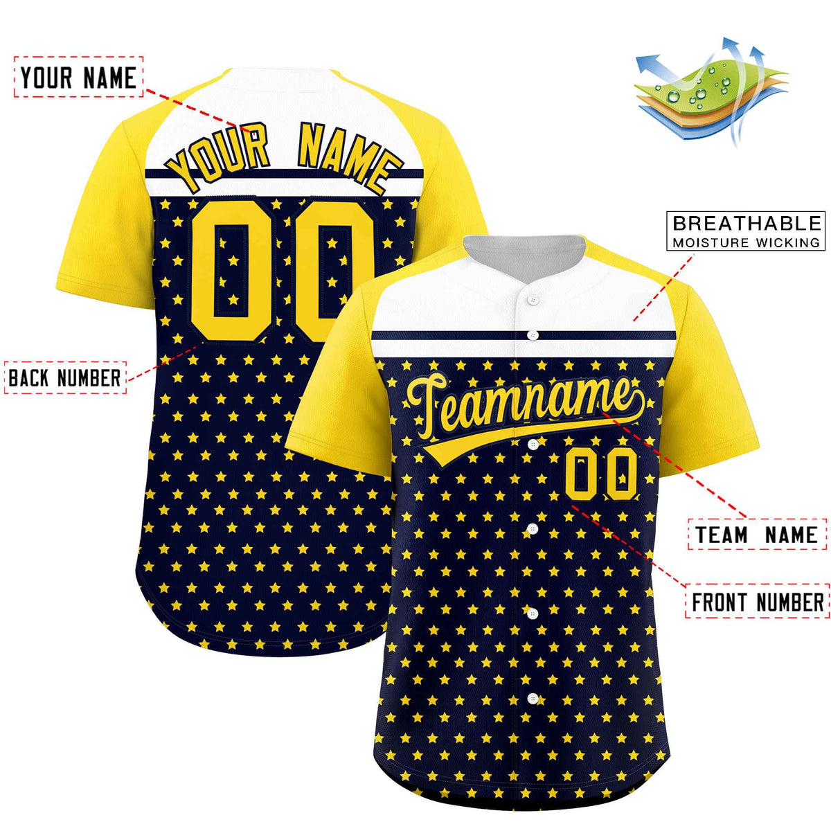 Custom Navy Gold-White Raglan Sleeve Personalized Star Print Authentic Baseball Jersey
