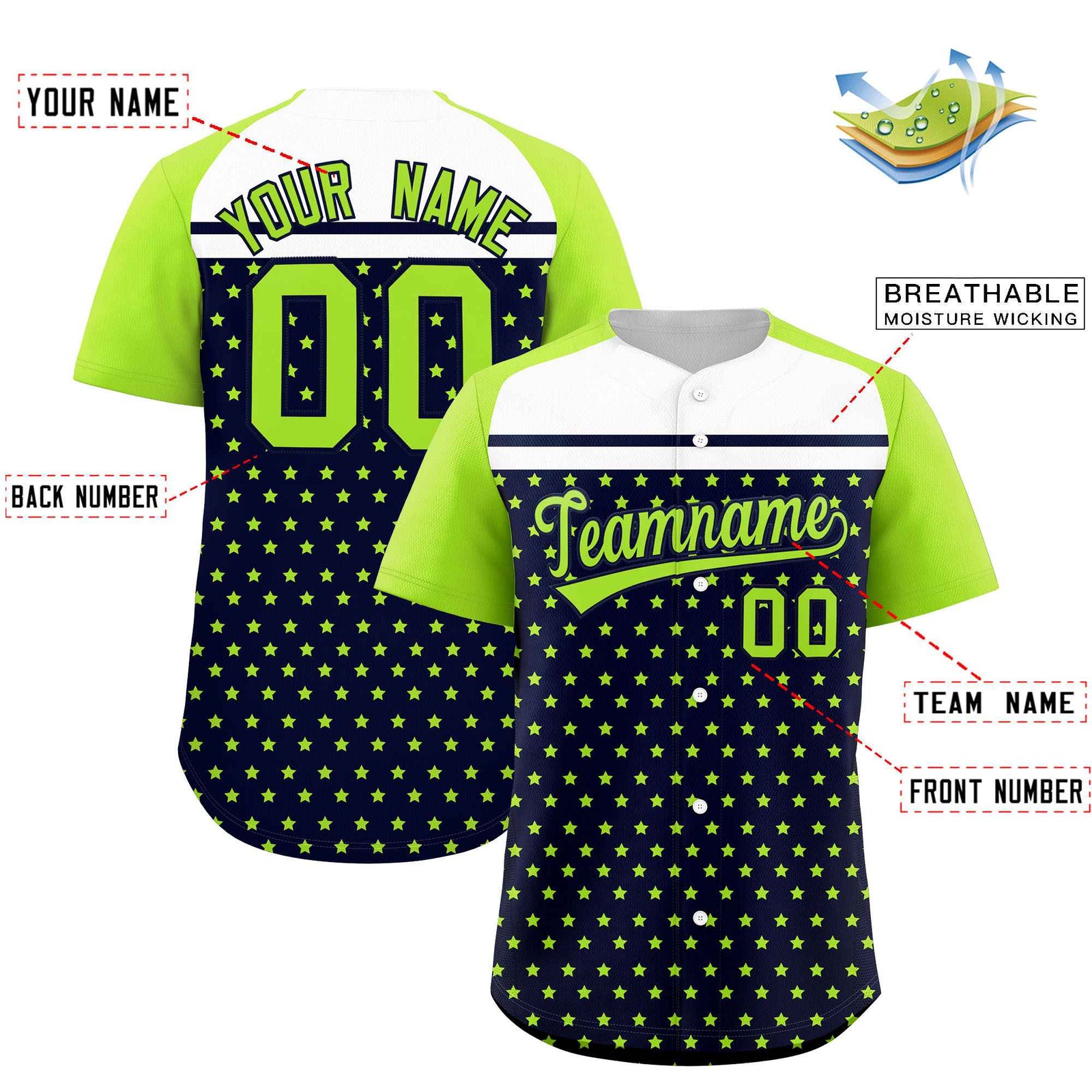 Custom Navy Neon Green-White Raglan Sleeve Personalized Star Print Authentic Baseball Jersey
