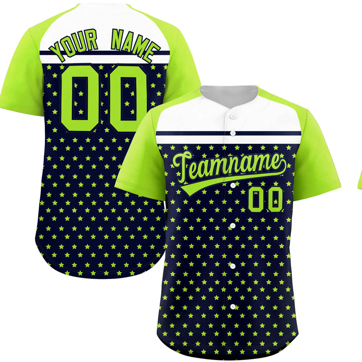 Custom Navy Neon Green-White Raglan Sleeve Personalized Star Print Authentic Baseball Jersey