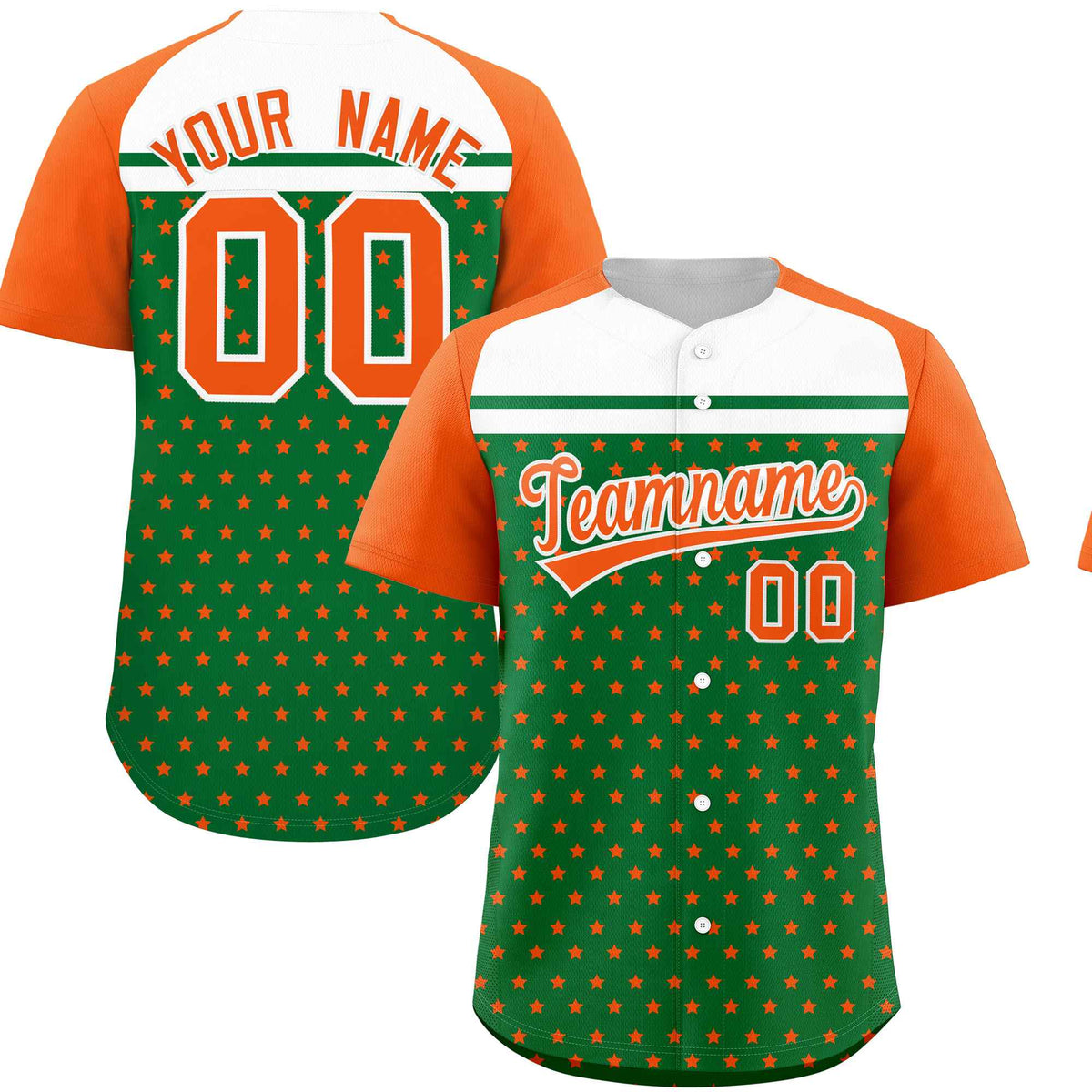 Custom Kelly Green Orange-White Raglan Sleeve Personalized Star Print Authentic Baseball Jersey