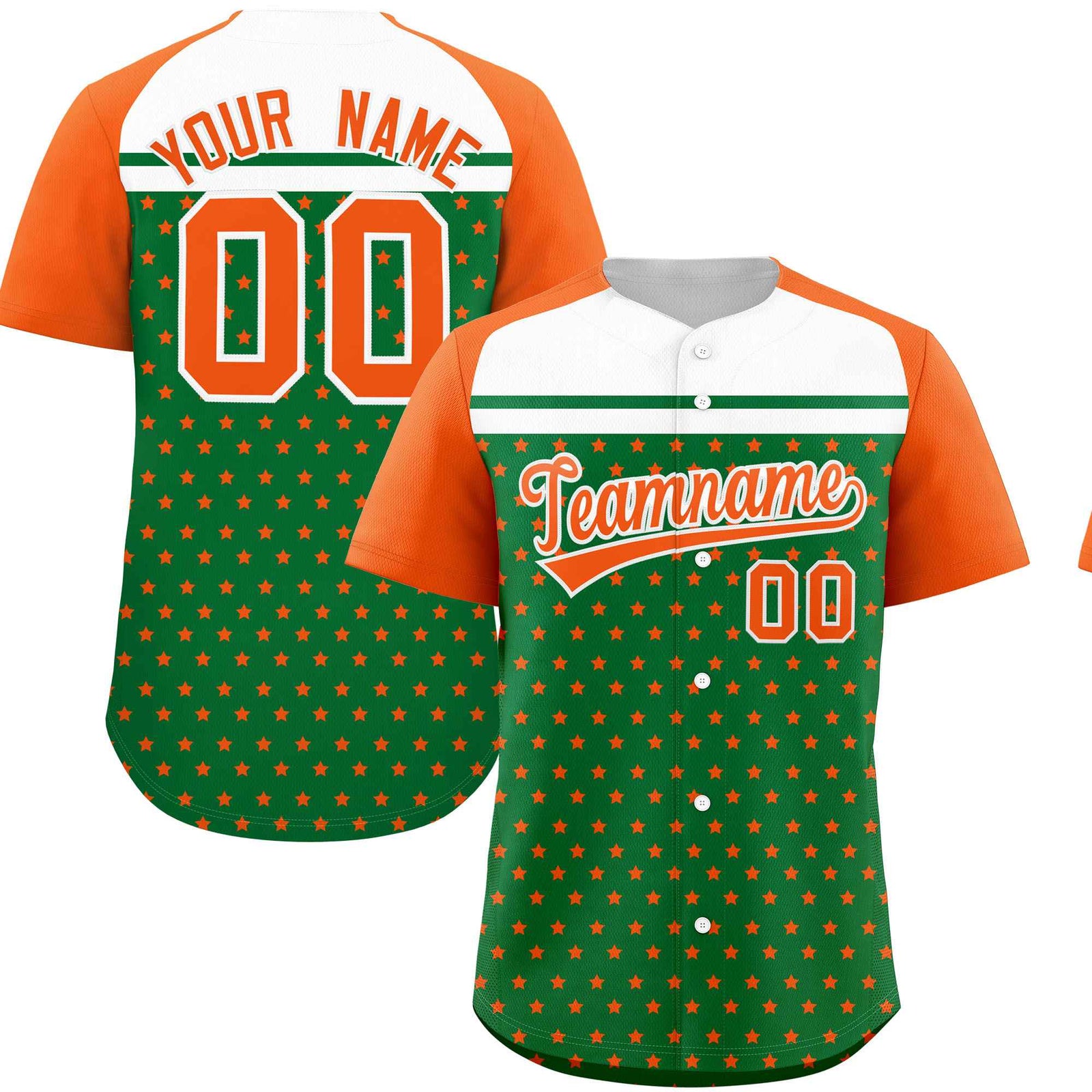Custom Kelly Green Orange-White Raglan Sleeve Personalized Star Print Authentic Baseball Jersey