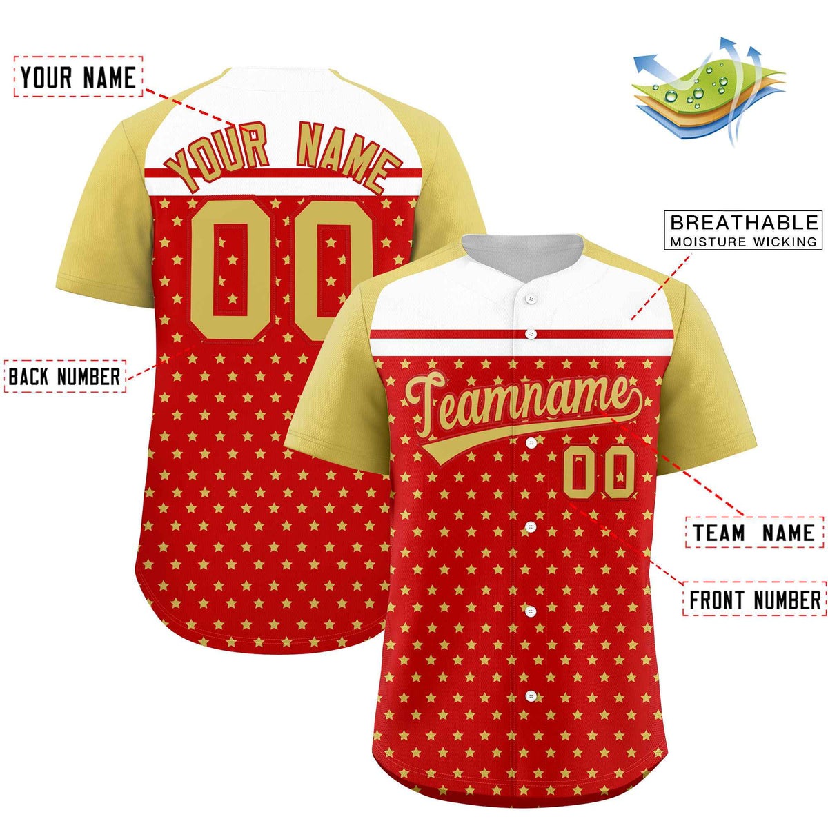 Custom Red Old Gold-White Raglan Sleeve Personalized Star Print Authentic Baseball Jersey