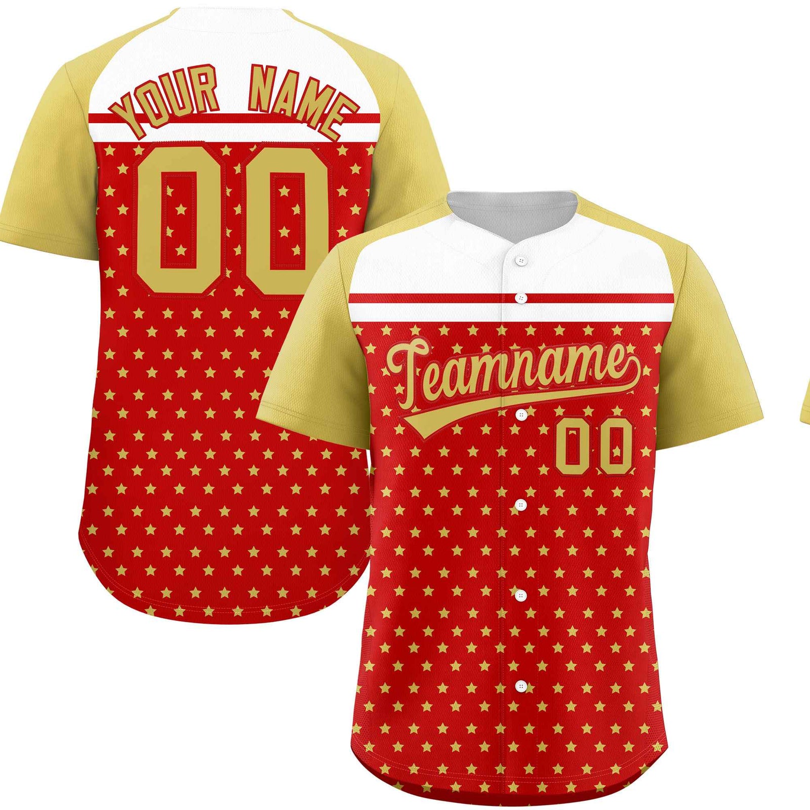 Custom Red Old Gold-White Raglan Sleeve Personalized Star Print Authentic Baseball Jersey