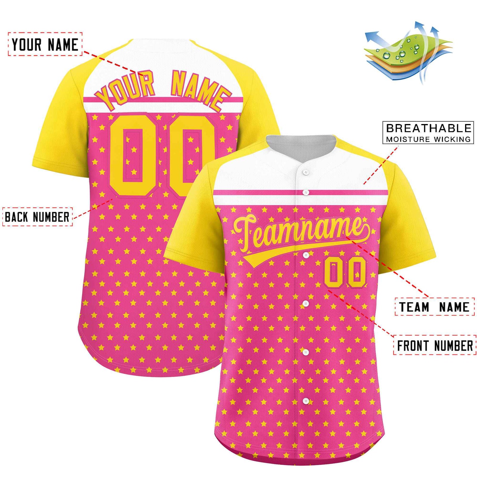 Custom Pink Gold-White Raglan Sleeve Personalized Star Print Authentic Baseball Jersey