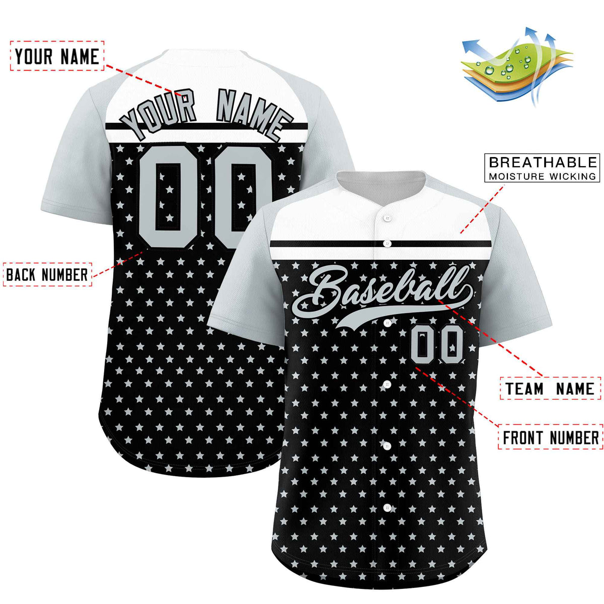 Custom Black Silver-White Raglan Sleeve Personalized Star Print Authentic Baseball Jersey