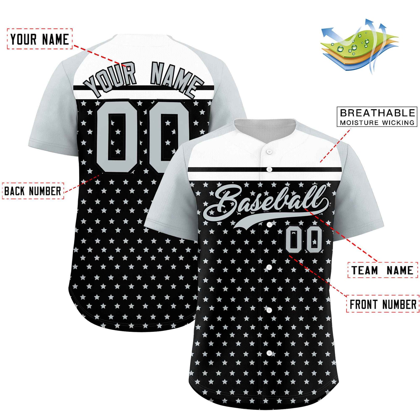 Custom Black Silver-White Raglan Sleeve Personalized Star Print Authentic Baseball Jersey