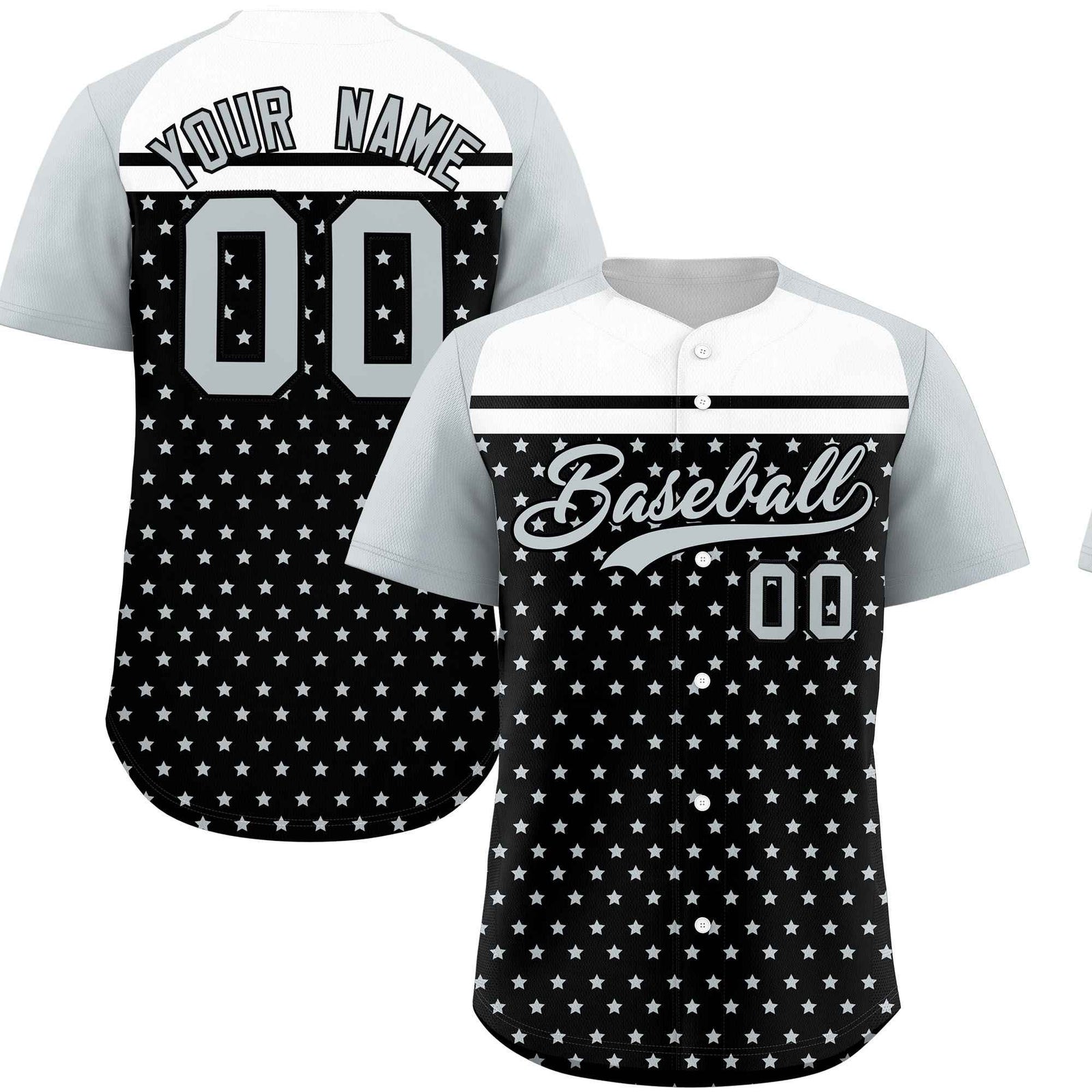Custom Black Silver-White Raglan Sleeve Personalized Star Print Authentic Baseball Jersey