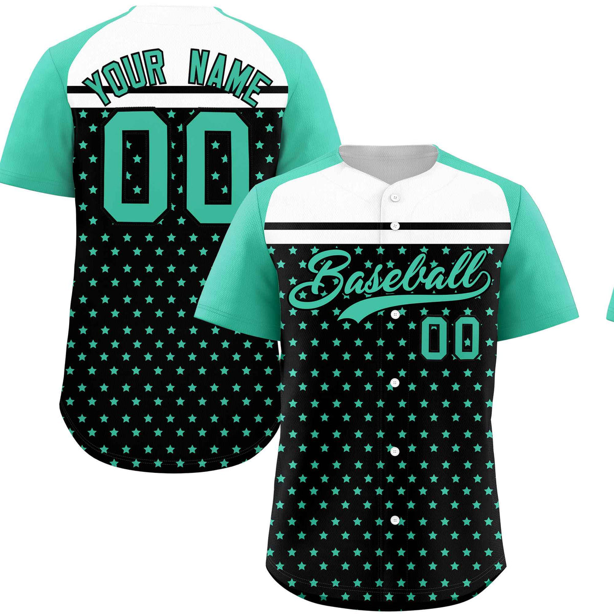 Custom Black Bright Green-White Raglan Sleeve Personalized Star Print Authentic Baseball Jersey