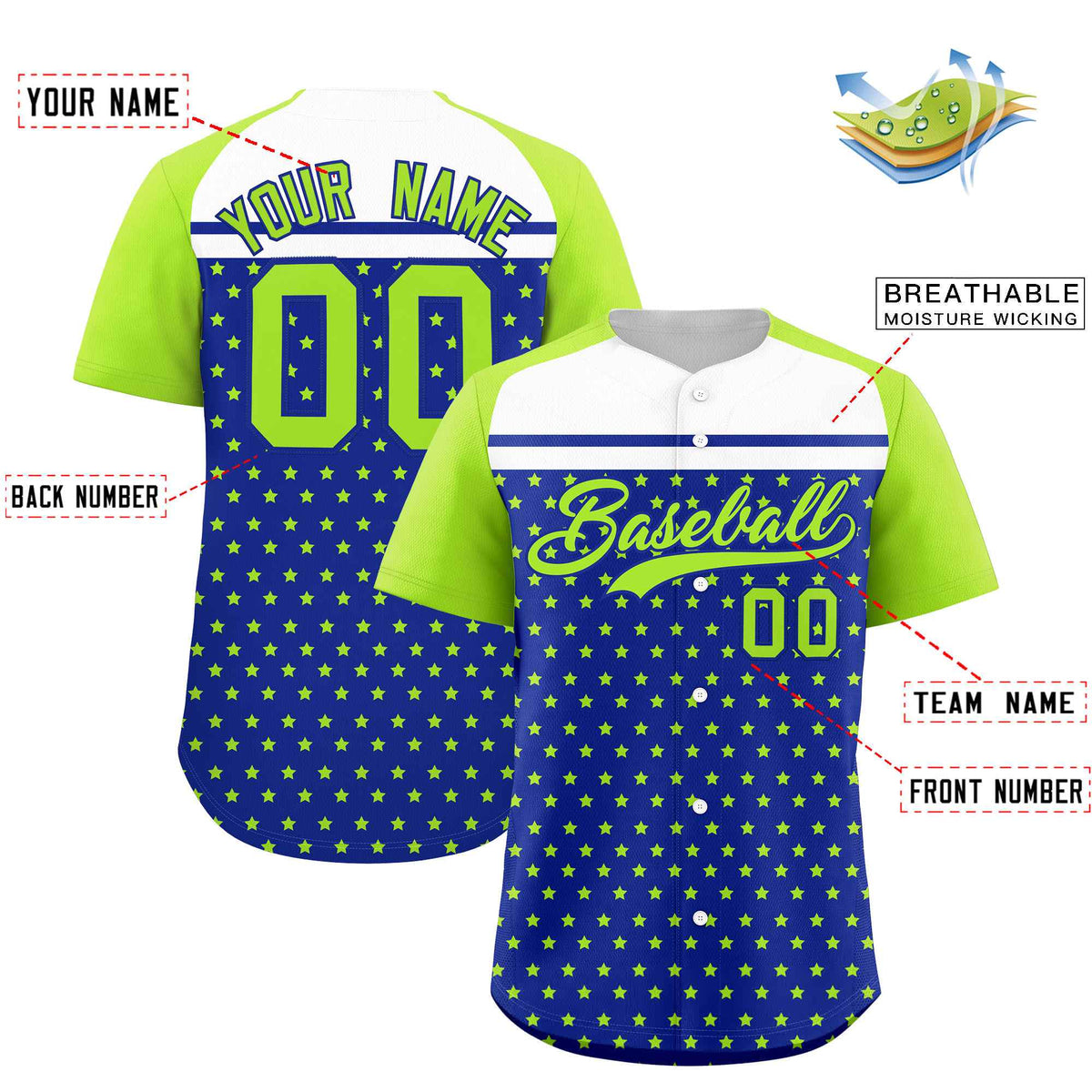 Custom Royal Neon Green-White Raglan Sleeve Personalized Star Print Authentic Baseball Jersey