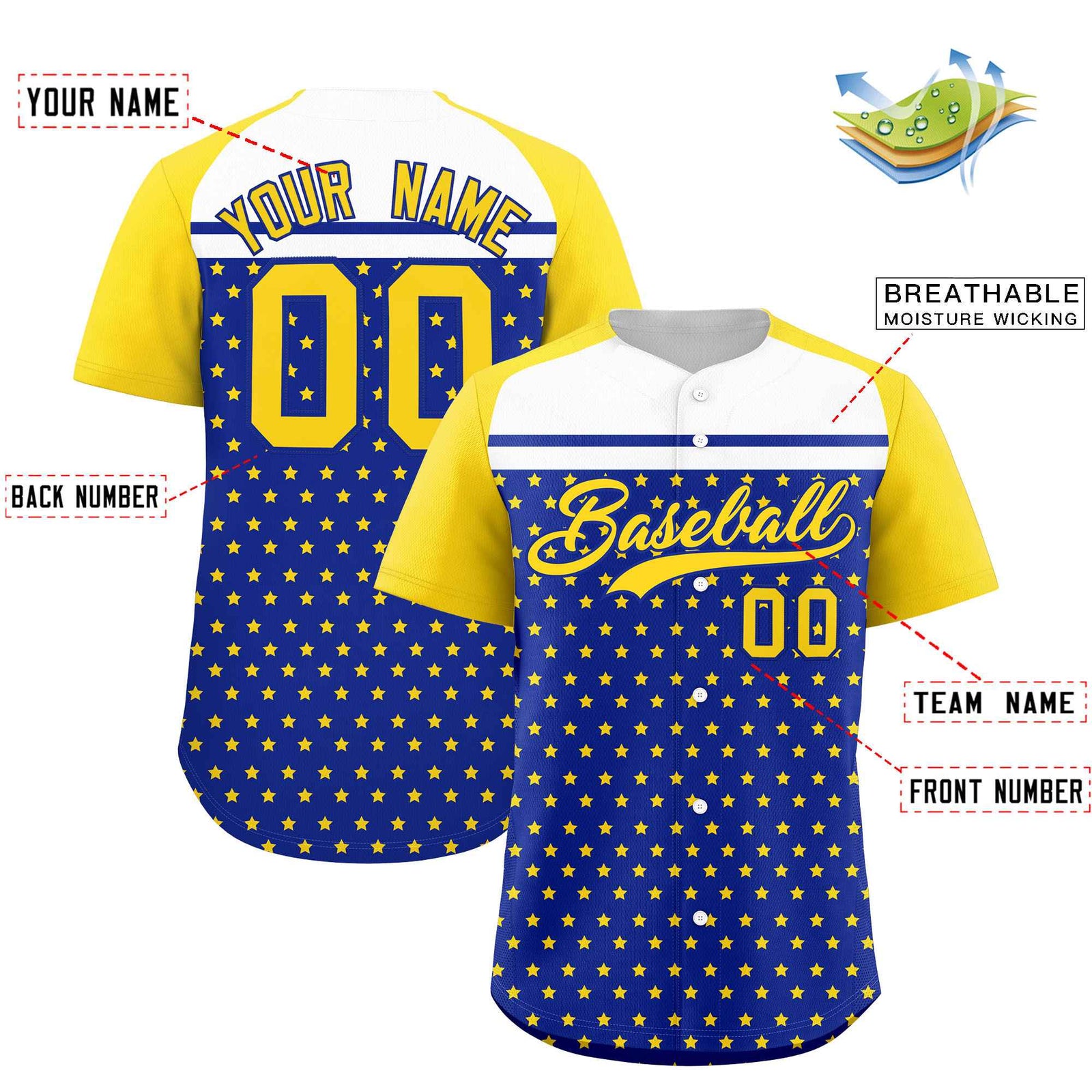 Custom Royal Gold-White Raglan Sleeve Personalized Star Print Authentic Baseball Jersey