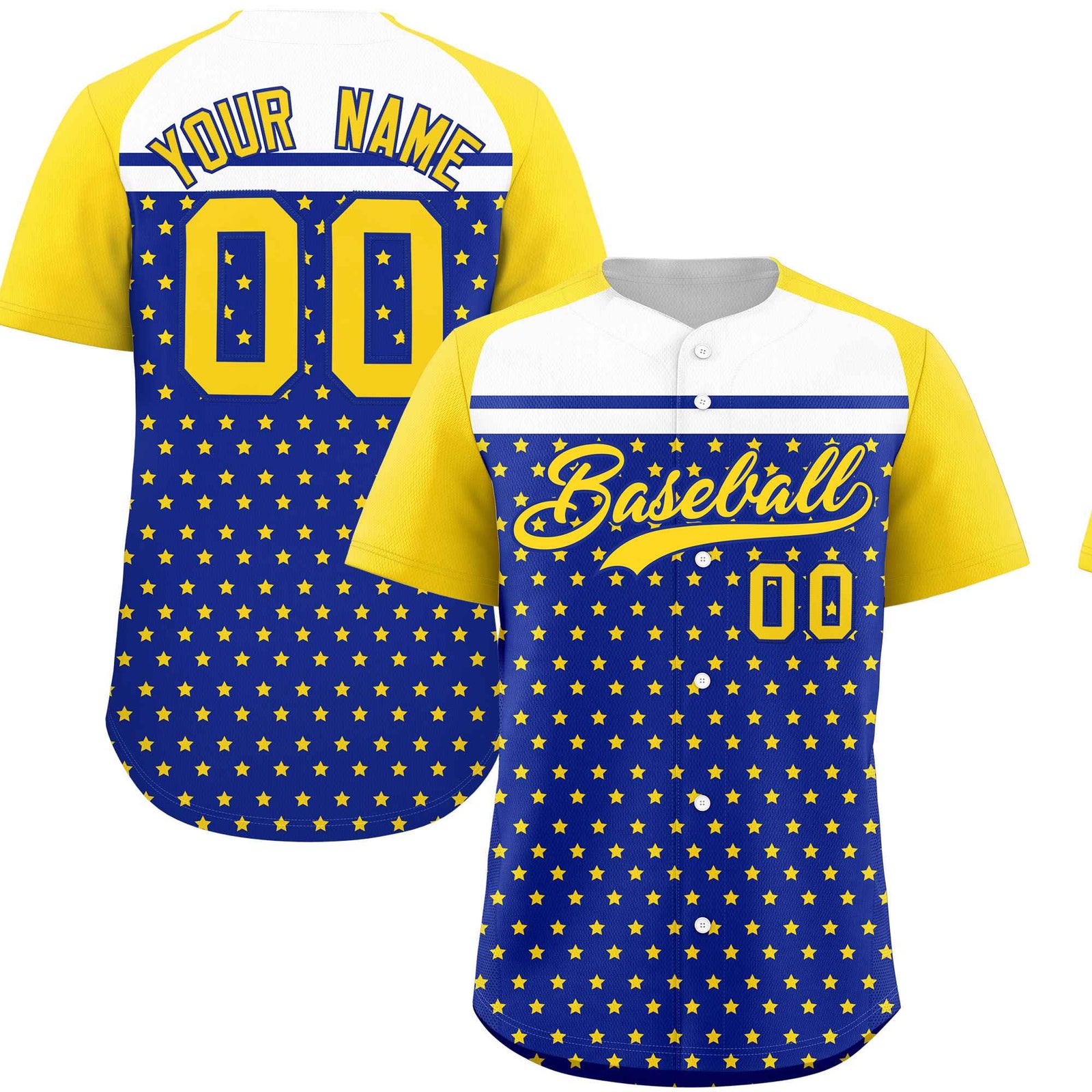 Custom Royal Gold-White Raglan Sleeve Personalized Star Print Authentic Baseball Jersey