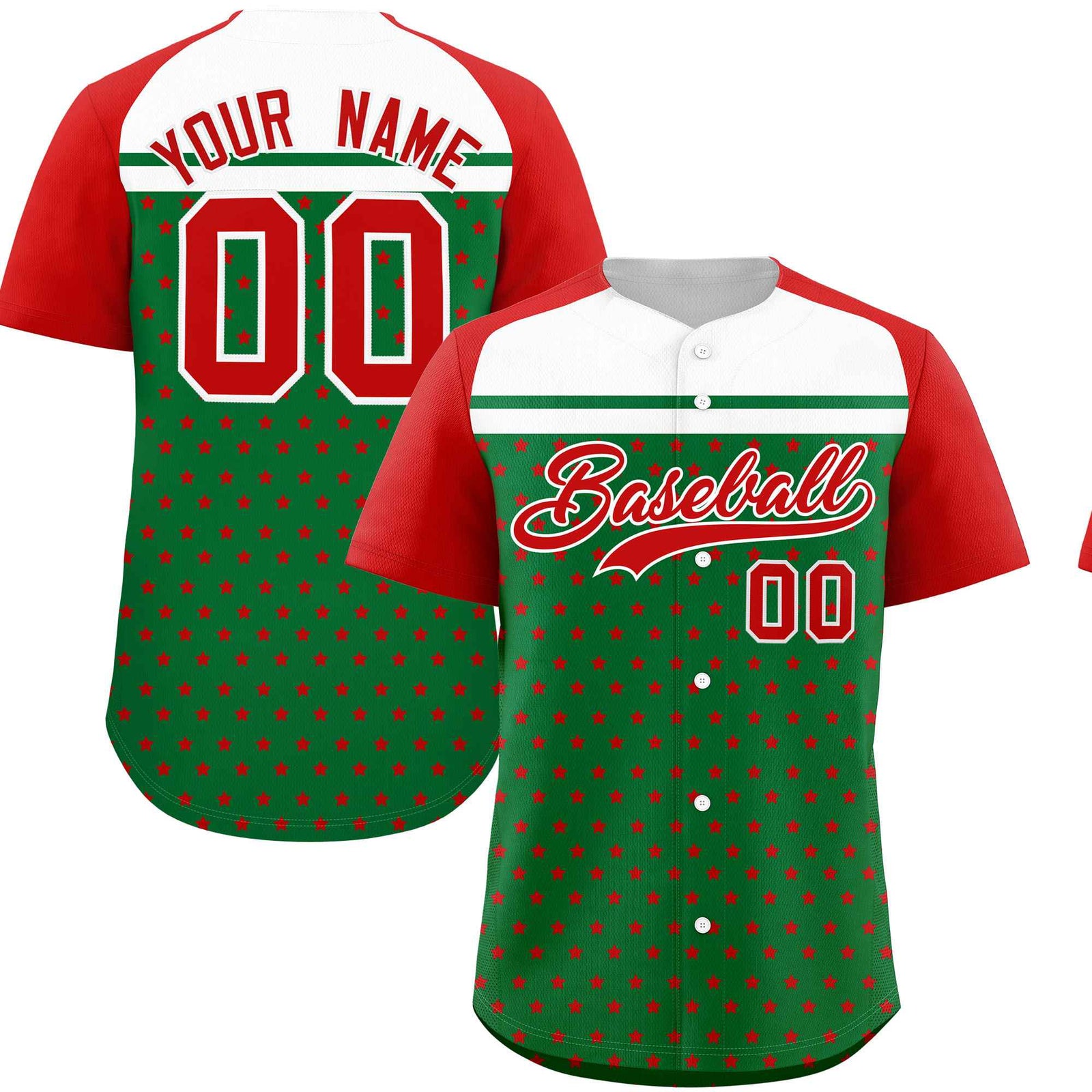 Custom Kelly Green Red-White Raglan Sleeve Personalized Star Print Authentic Baseball Jersey