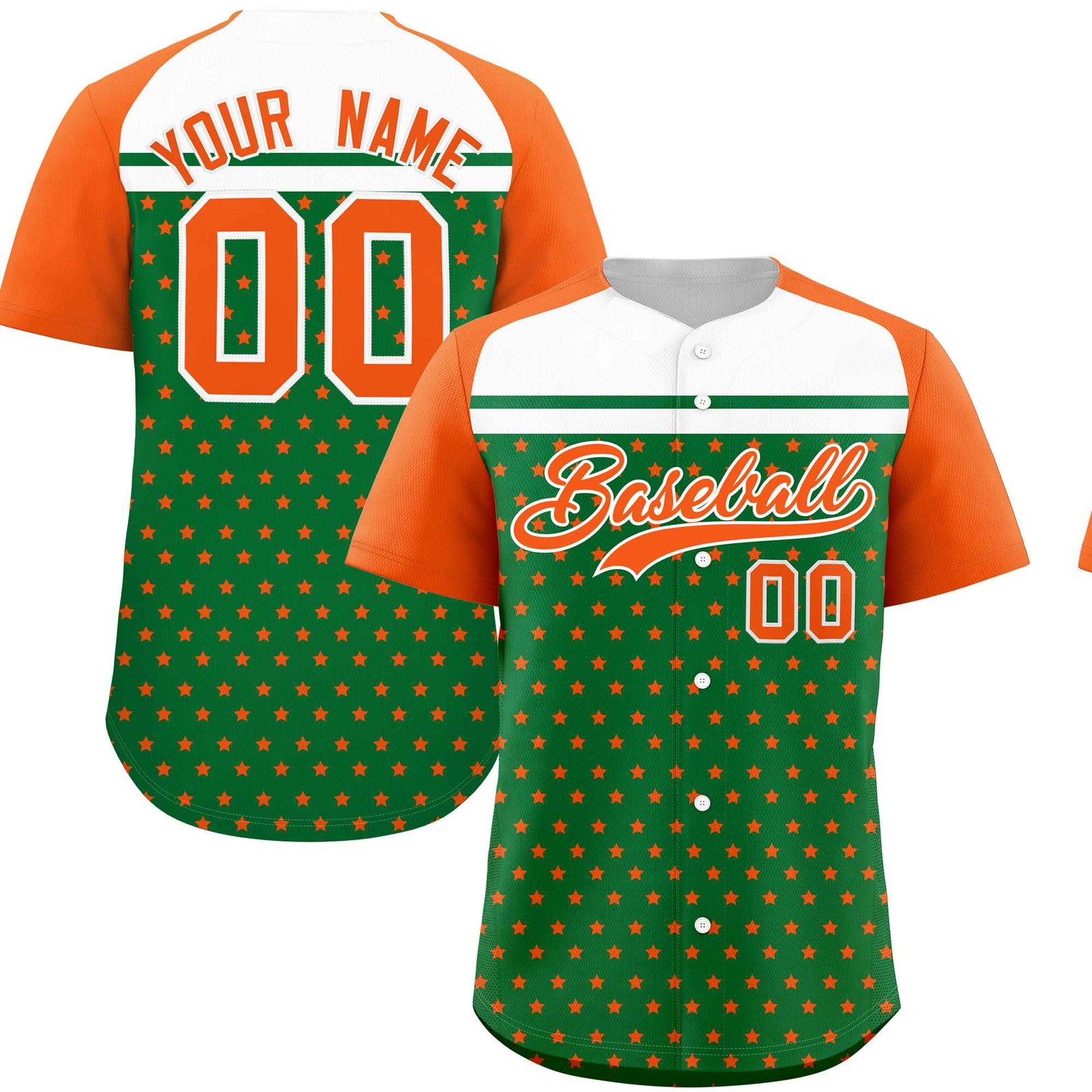 Custom Kelly Green Orange-White Raglan Sleeve Personalized Star Print Authentic Baseball Jersey