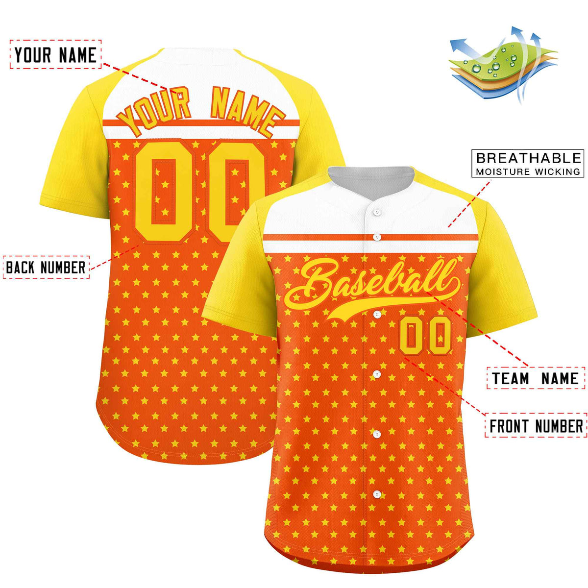 Custom Orange Gold-White Raglan Sleeve Personalized Star Print Authentic Baseball Jersey