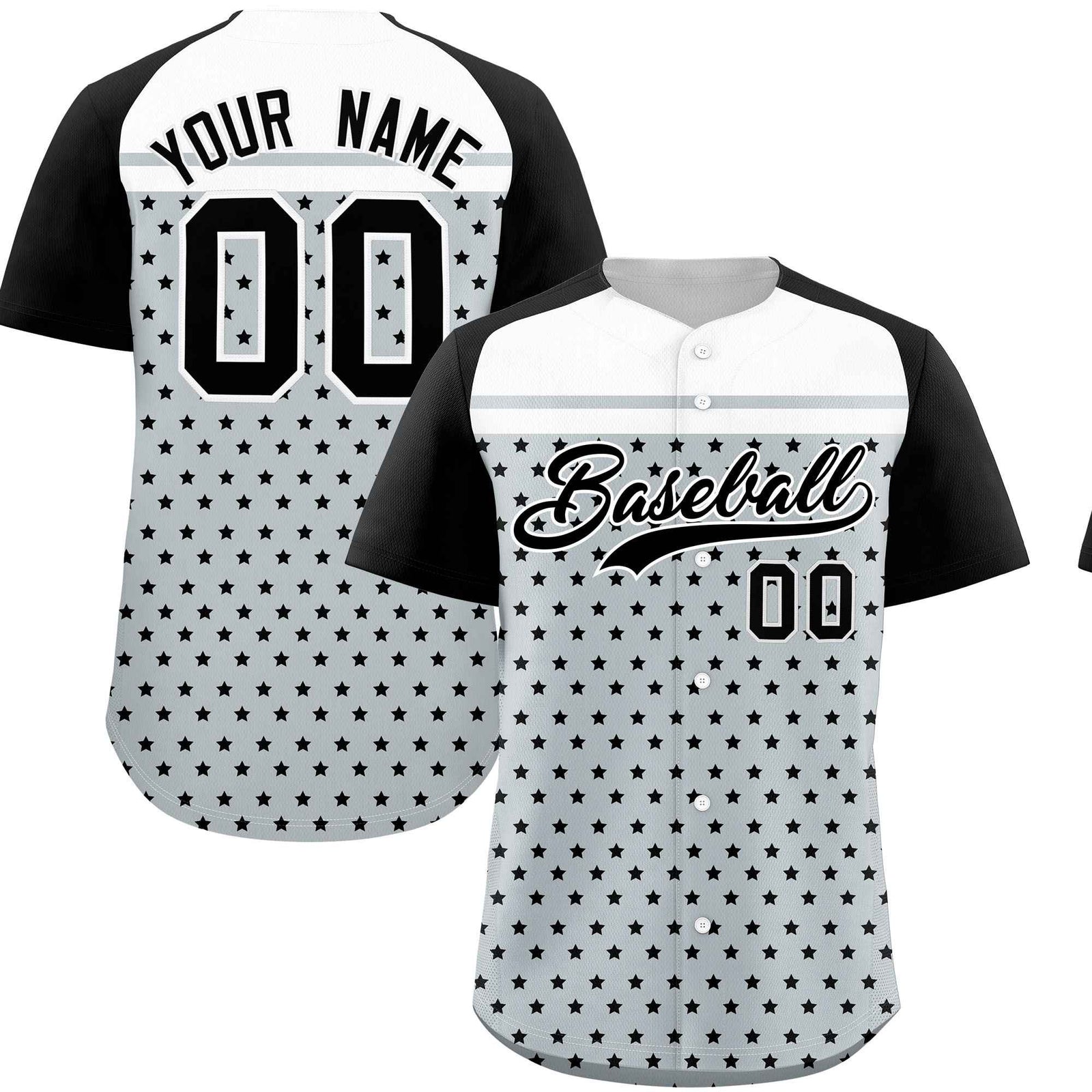 Custom Silver Black-White Raglan Sleeve Personalized Star Print Authentic Baseball Jersey
