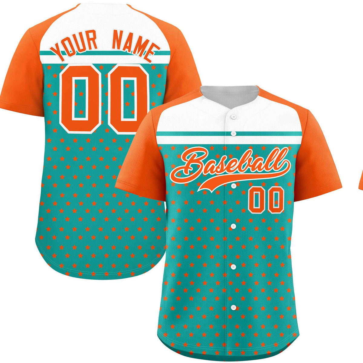 Custom Aqua Orange-White Raglan Sleeve Personalized Star Print Authentic Baseball Jersey