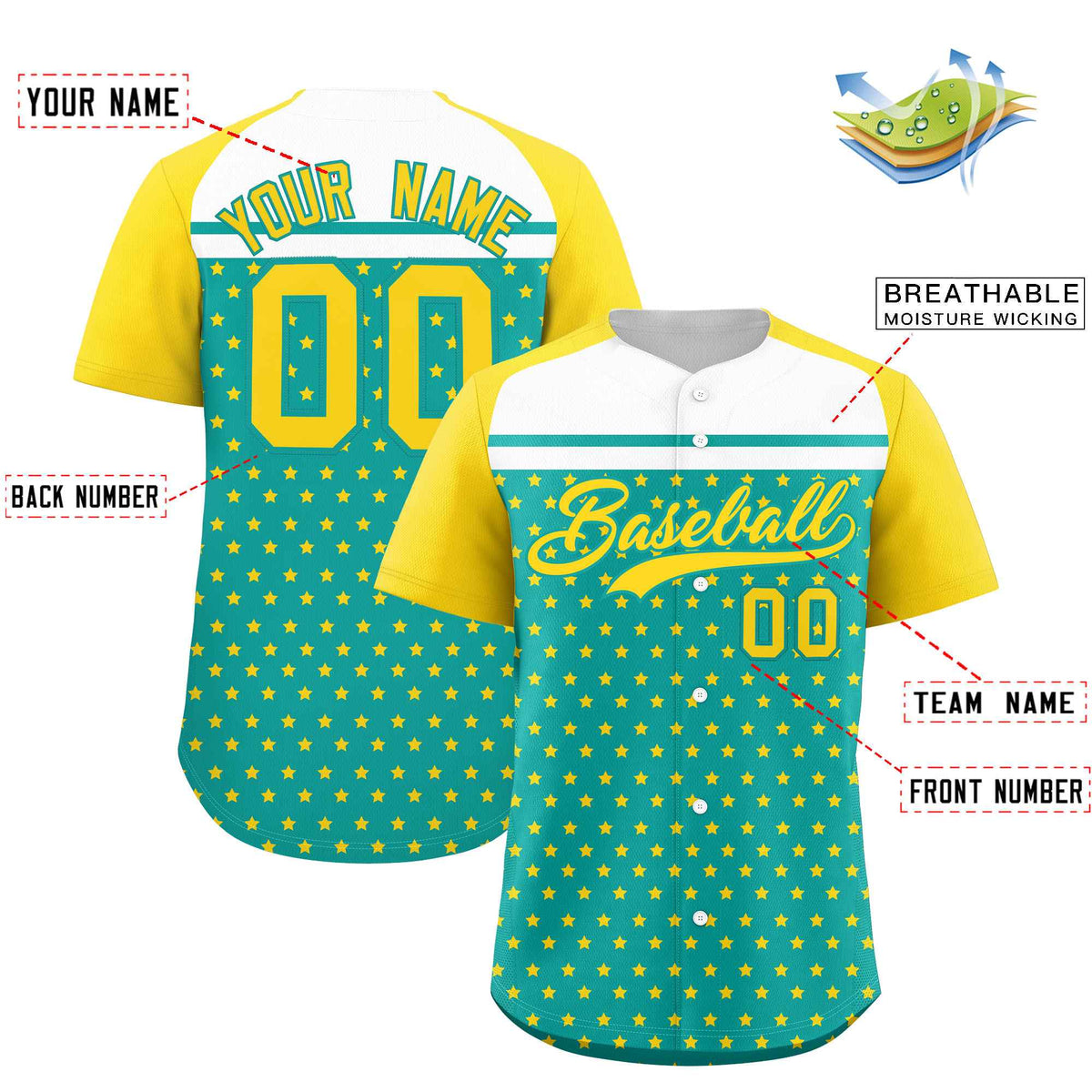 Custom Aqua Gold-White Raglan Sleeve Personalized Star Print Authentic Baseball Jersey