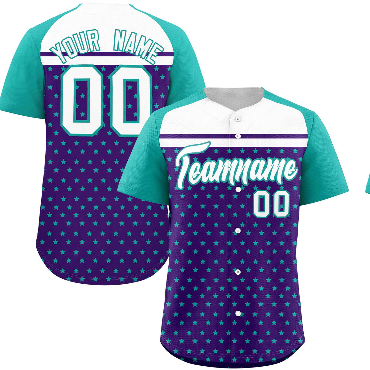 Custom Purple Aqua-White Raglan Sleeve Personalized Star Print Authentic Baseball Jersey